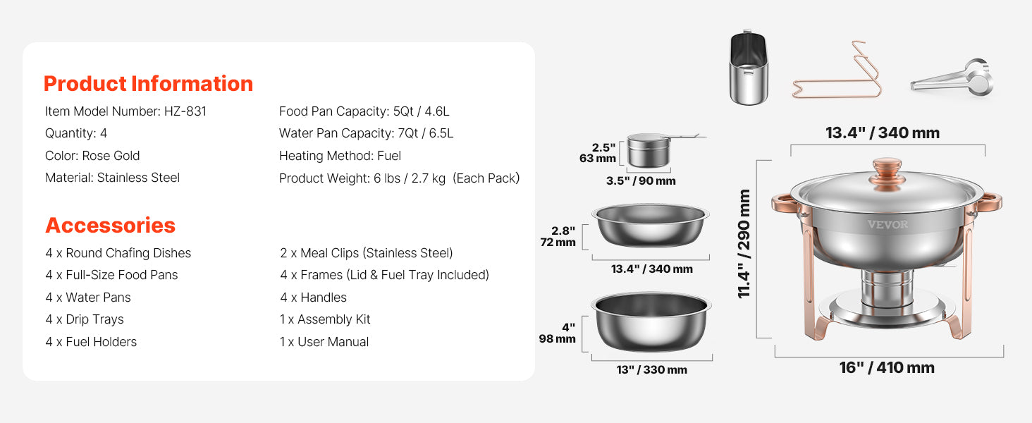 SucceBuy 5 Qt 4 Pack Chafing Dish Buffet Set Round Catering Warmer Server w/Lid Water Pan Folding Stand Clip for Wedding Party