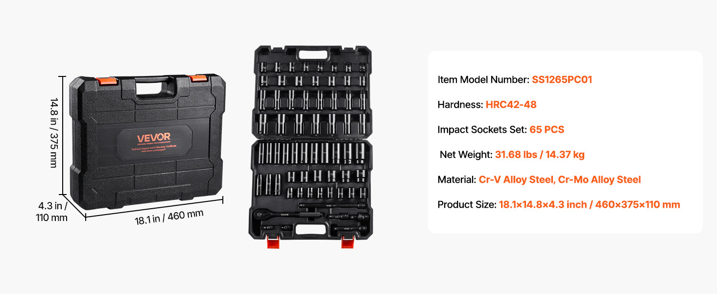 SucceBuy 26/65PCs US Plus Drive Impact Socket Set Deep Standard Socket Set SAE Metric 6 Point CR-V Cr-Mo Alloy Steel Auto Repair