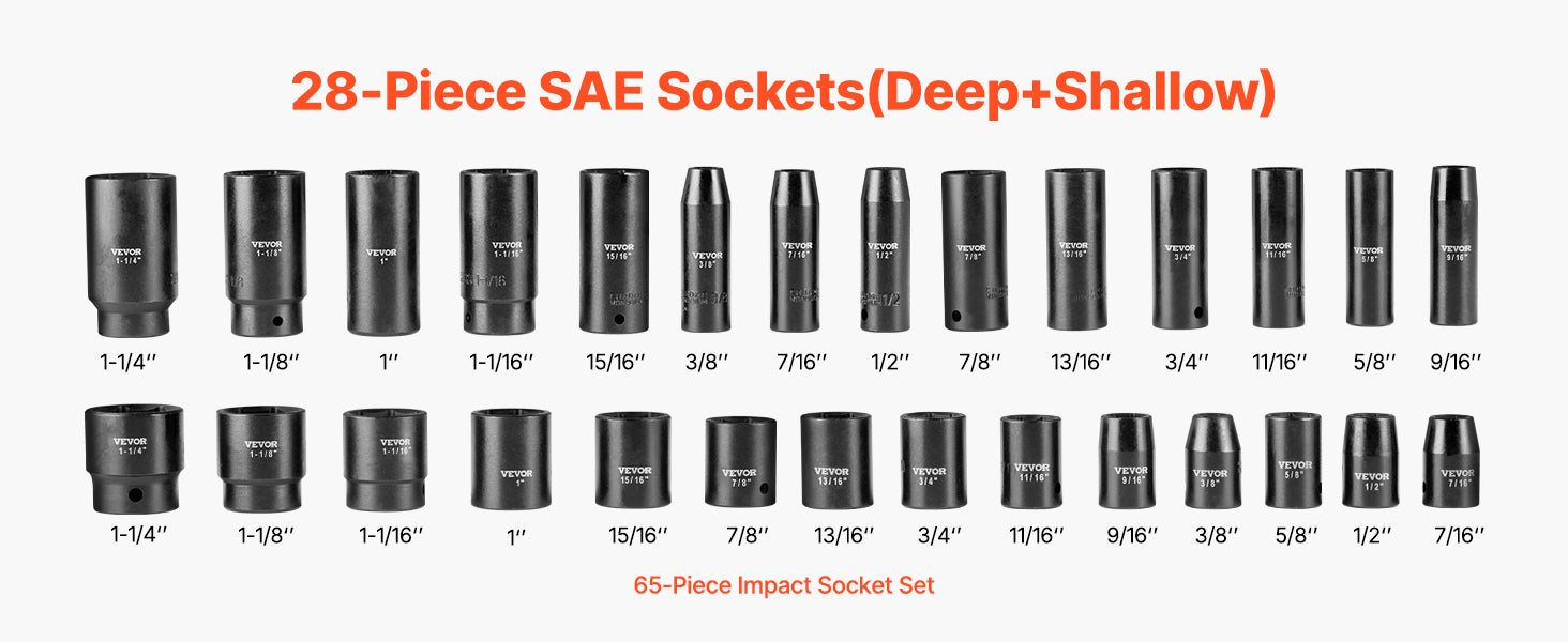 SucceBuy 26/65PCs US Plus Drive Impact Socket Set Deep Standard Socket Set SAE Metric 6 Point CR-V Cr-Mo Alloy Steel Auto Repair