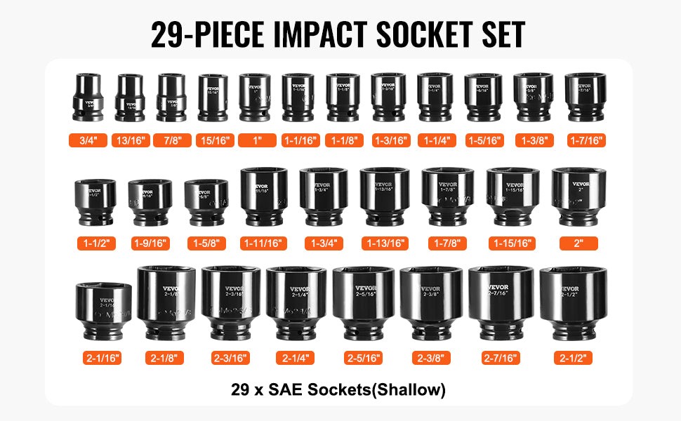 SucceBuy Impact Socket Set 3/4 Inches 29 Piece Impact Sockets 6-Point Sockets Rugged Construction CR-M0 3/4In Drive Socket Set