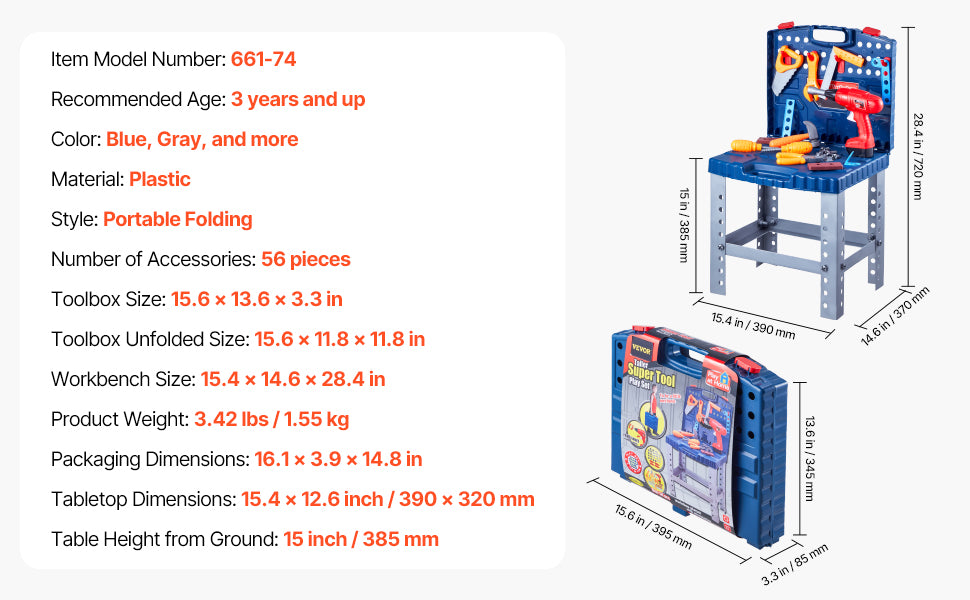 SucceBuy 56pcs Kids Work Bench Tool Set with Realistic Tools Pretend Play Construction Workbench Toys for Toddler Children Toys