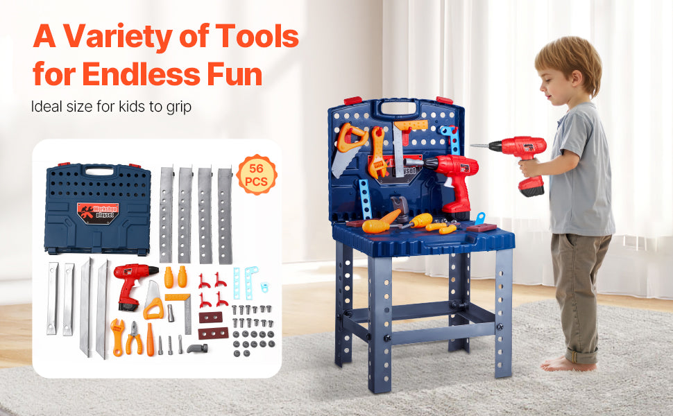 SucceBuy 56pcs Kids Work Bench Tool Set with Realistic Tools Pretend Play Construction Workbench Toys for Toddler Children Toys