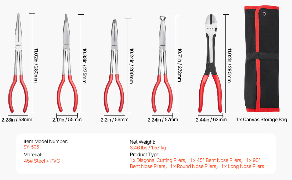 SucceBuy 5-Piece Needle Nose Pliers 11 in Long Needle Nose Pliers Set Diagonal Cutting Pliers 45°/90° Bent Round Nose Plier