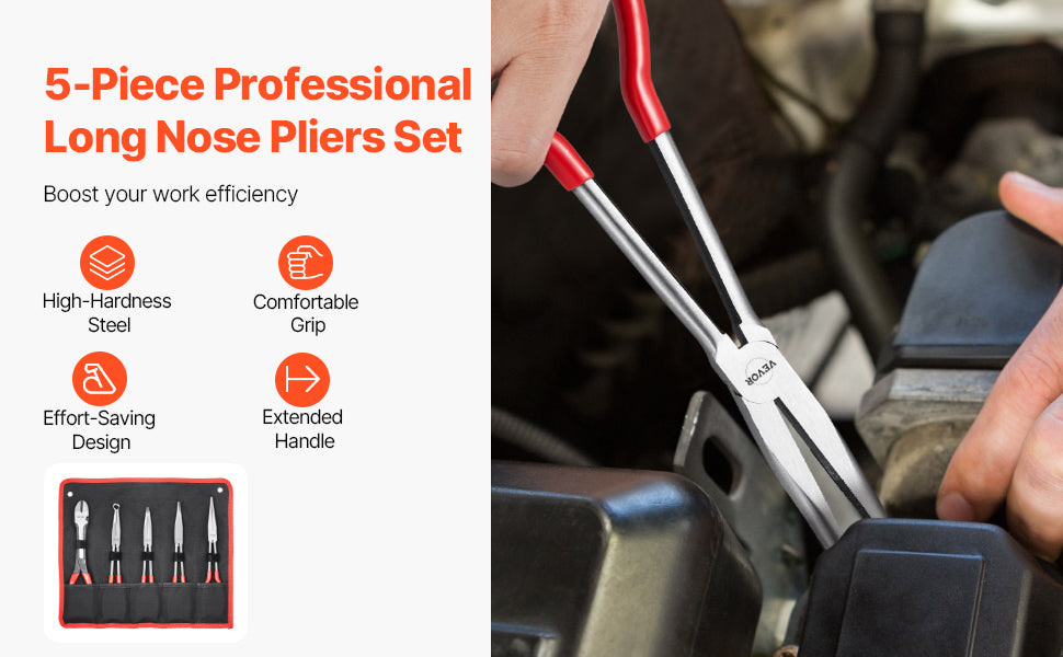 SucceBuy 5-Piece Needle Nose Pliers 11 in Long Needle Nose Pliers Set Diagonal Cutting Pliers 45°/90° Bent Round Nose Plier