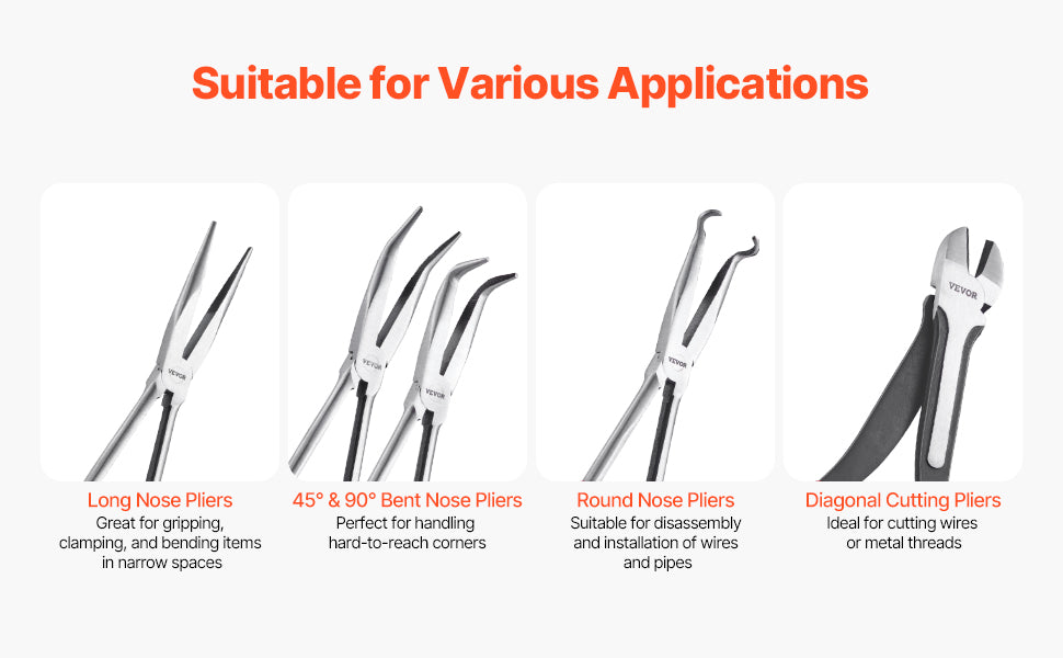 SucceBuy 5-Piece Needle Nose Pliers 11 in Long Needle Nose Pliers Set Diagonal Cutting Pliers 45°/90° Bent Round Nose Plier