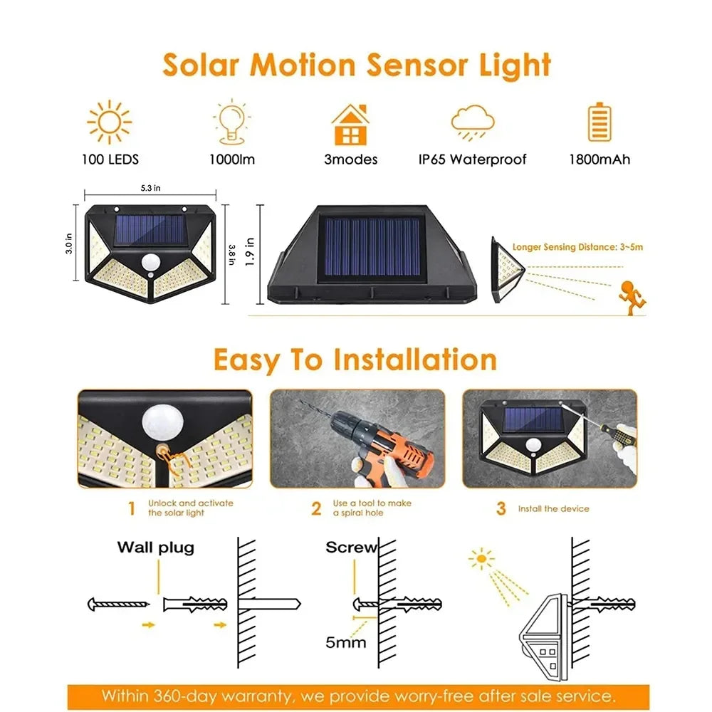 100 LED Solar Wall Lamp with Motion Sensor Waterproof Outdoor Light - Smarsty