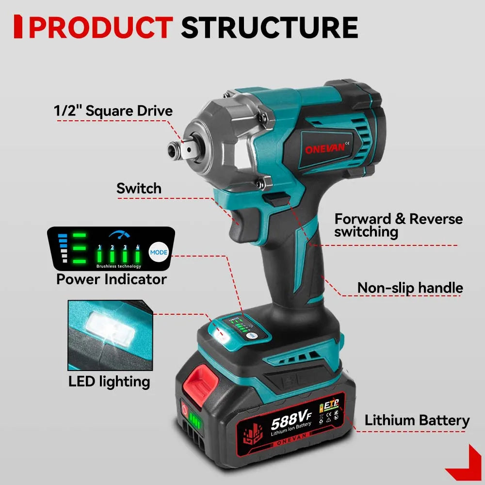 Onevan 1200N M Brushless Electric Impact Wrench Cordless Convenience - Smarsty