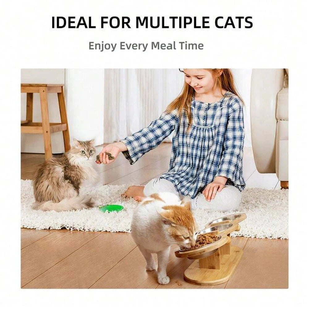 Tilted Raised Cat Feeder with Three Stainless Steel Bowls - Smarsty