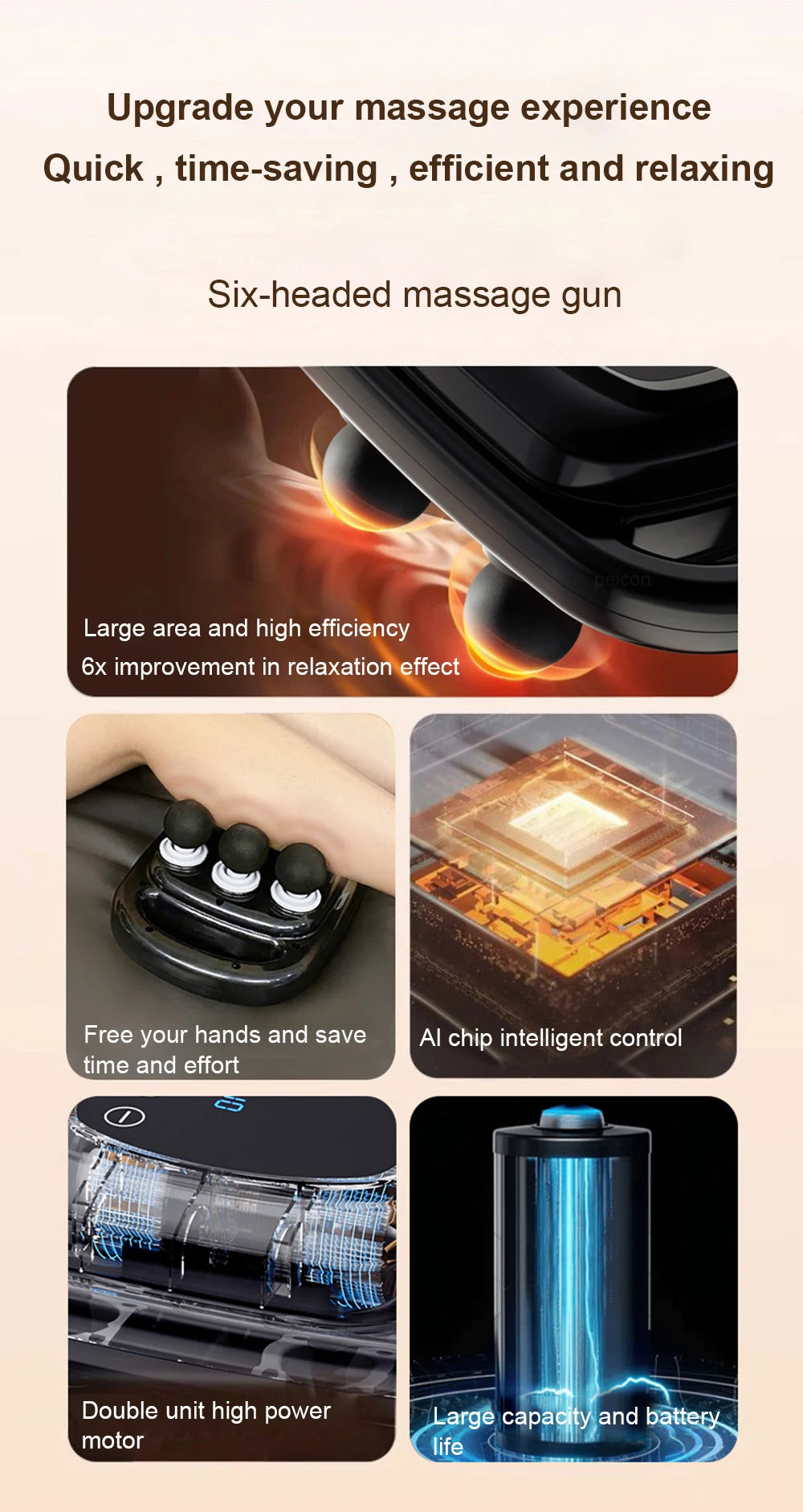 High Frequency Fascia Gun Muscle Massager with Six Heads - Smarsty