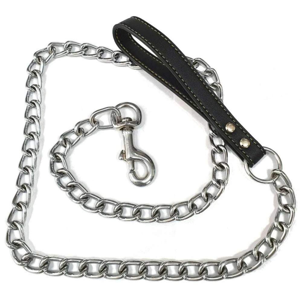 Metal Chain Dog Lead With Durable Leather Handle - Smarsty