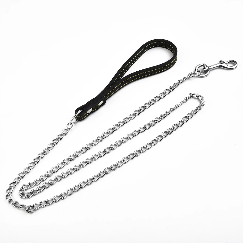 Metal Chain Dog Lead With Durable Leather Handle - Smarsty