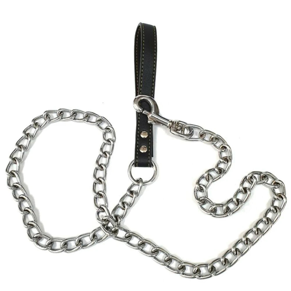 Metal Chain Dog Lead With Durable Leather Handle - Smarsty