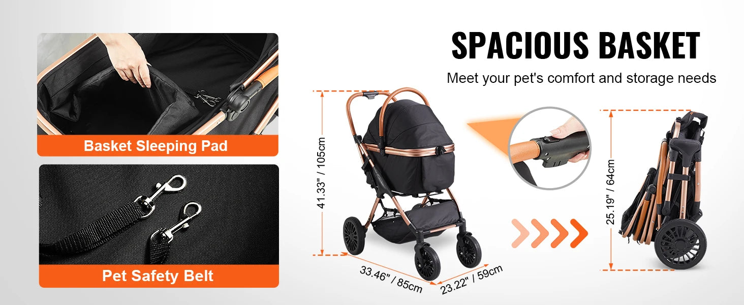 Foldable Dog Stroller with Brakes and Storage Basket - Smarsty