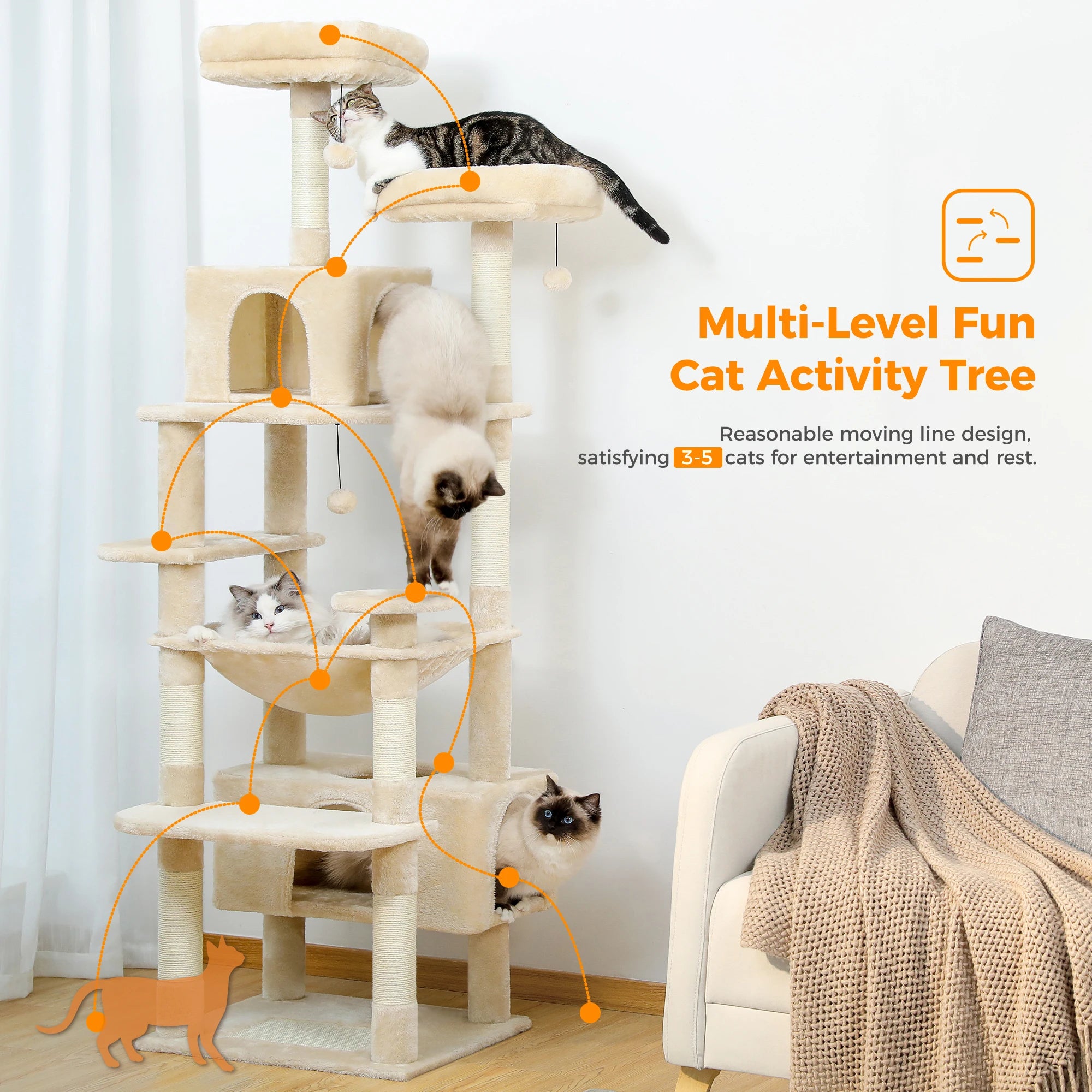 184CM Large Cat Tree with Scratching Posts and Hammock - Smarsty