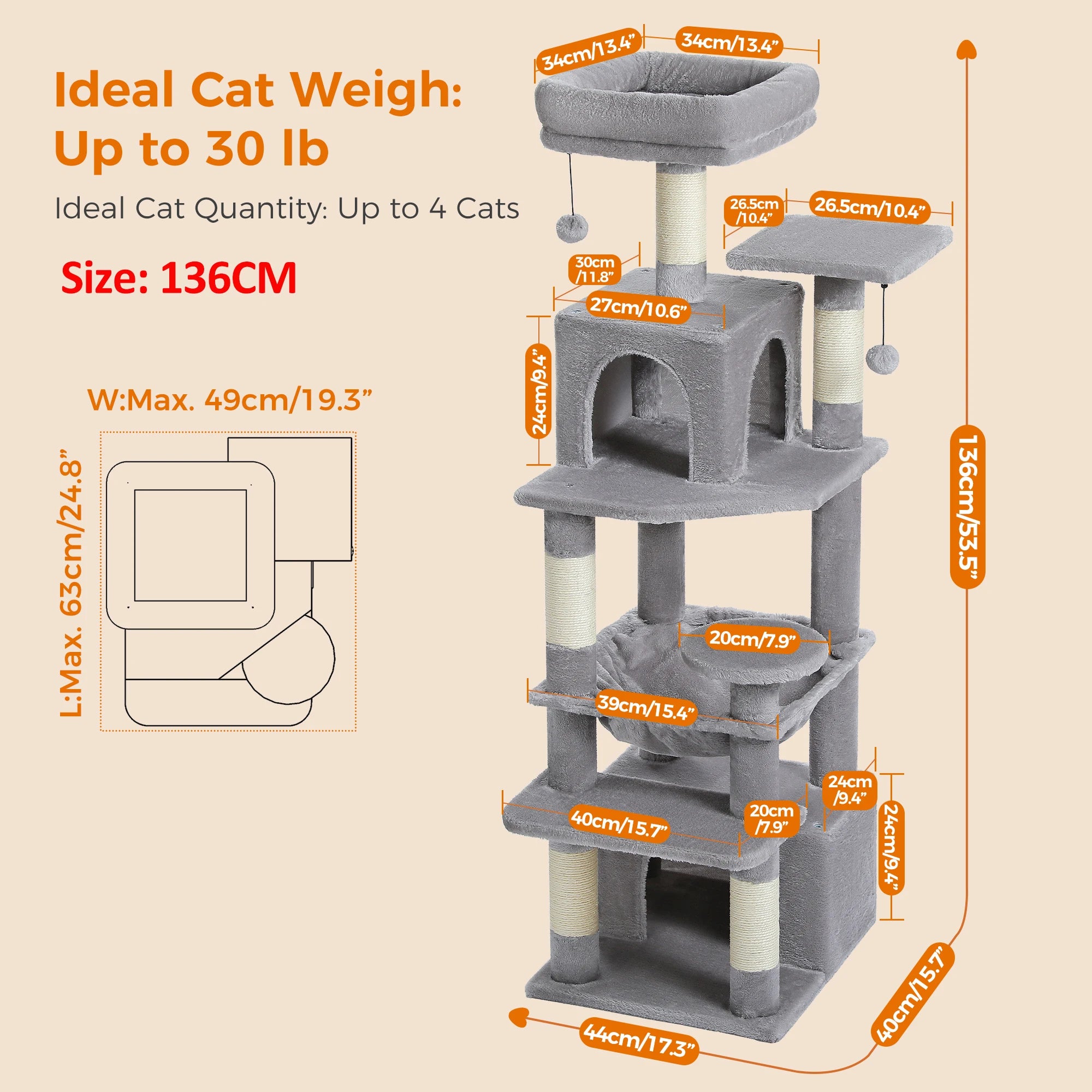 184CM Large Cat Tree with Scratching Posts and Hammock - Smarsty
