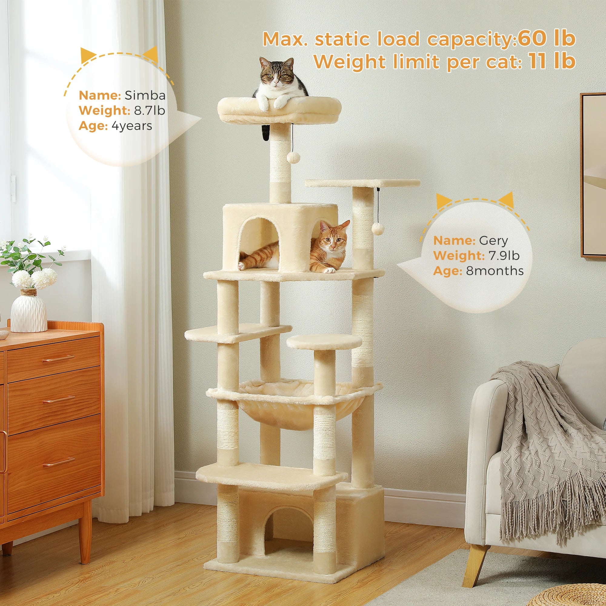 184CM Large Cat Tree with Scratching Posts and Hammock - Smarsty
