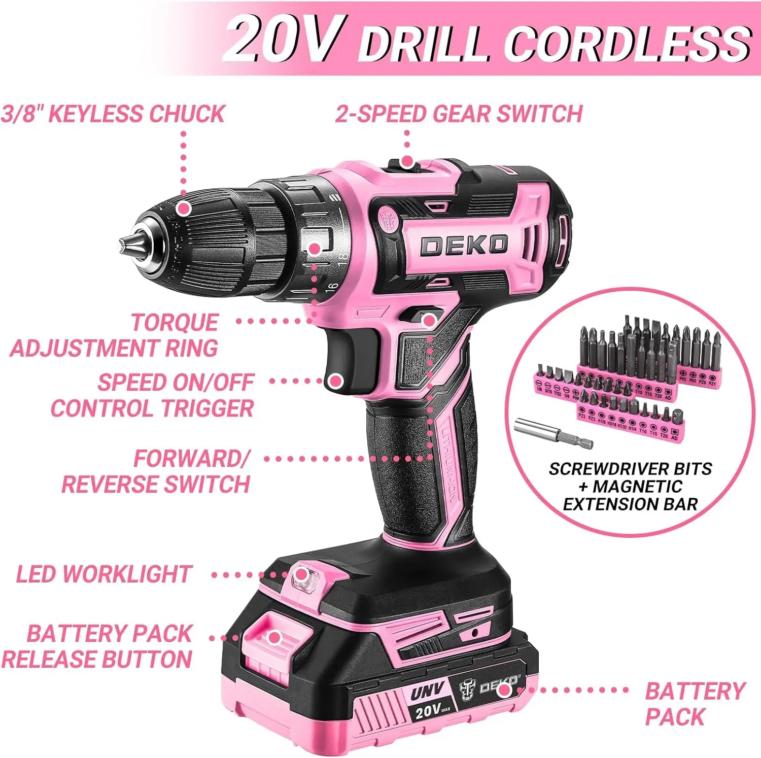 DEKO Pink 20V Cordless Drill Tool Kit Set - Smarsty