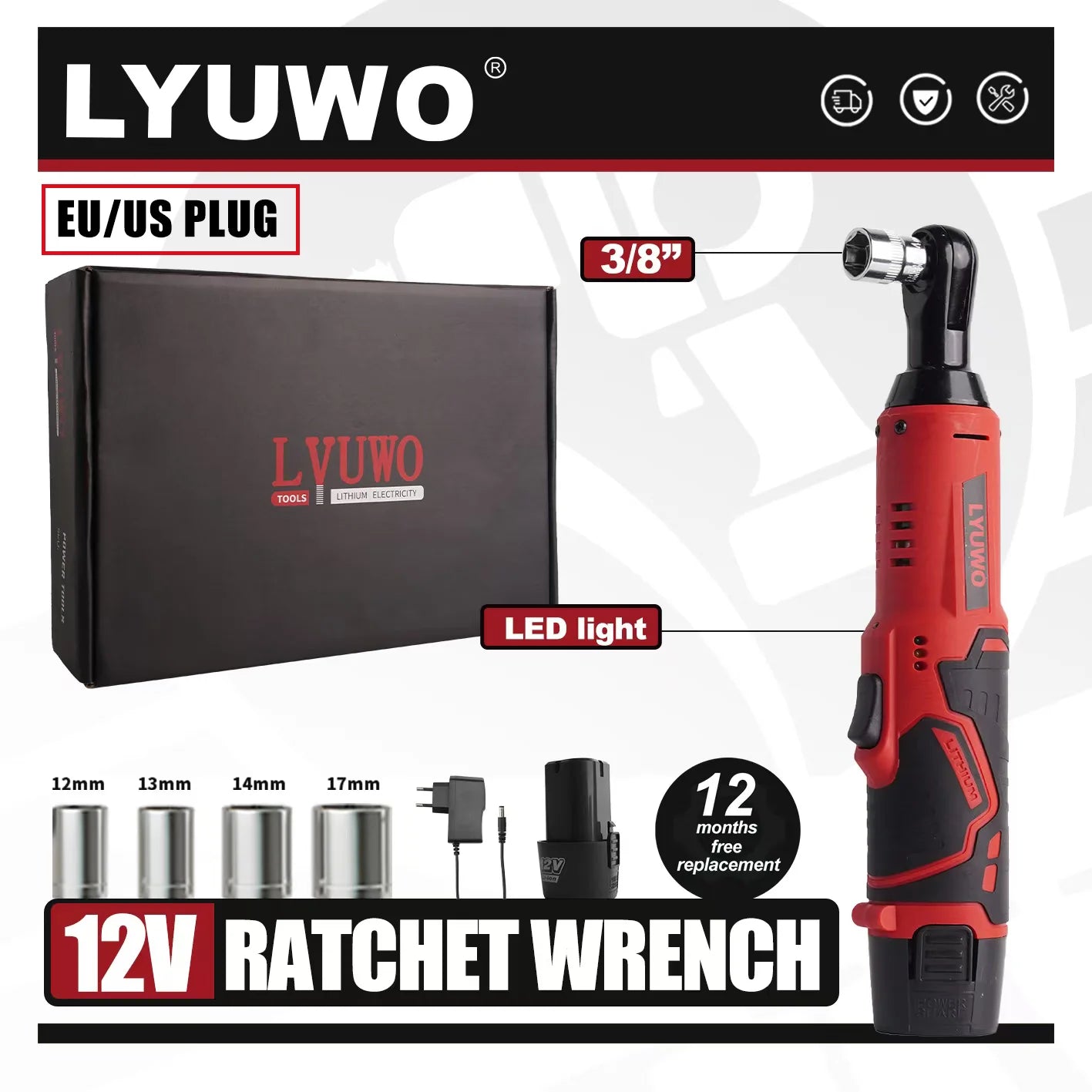 LYUWO 12V Cordless Right Angle Wrench With 4 Sockets - Smarsty