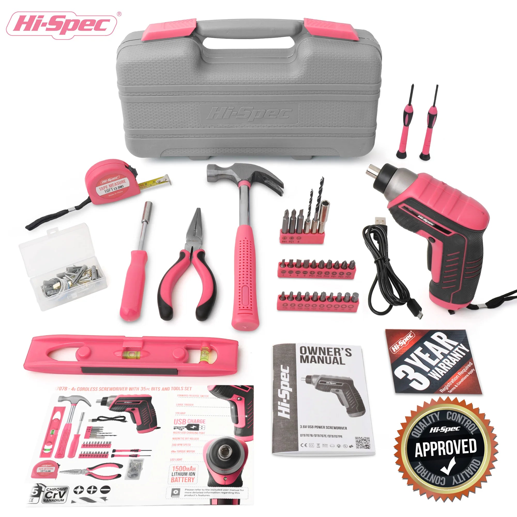 Hi-Spec 35 Piece Pink Black Cordless Screwdriver Set - Smarsty