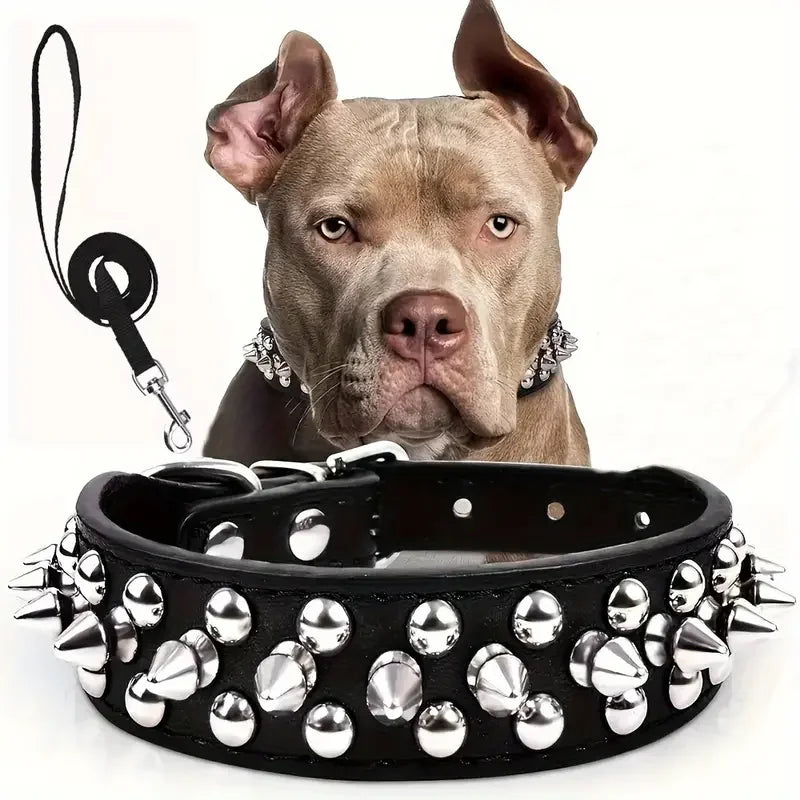 Spiked Leather Dog Collar and Leash Set for Outdoor Use - Smarsty