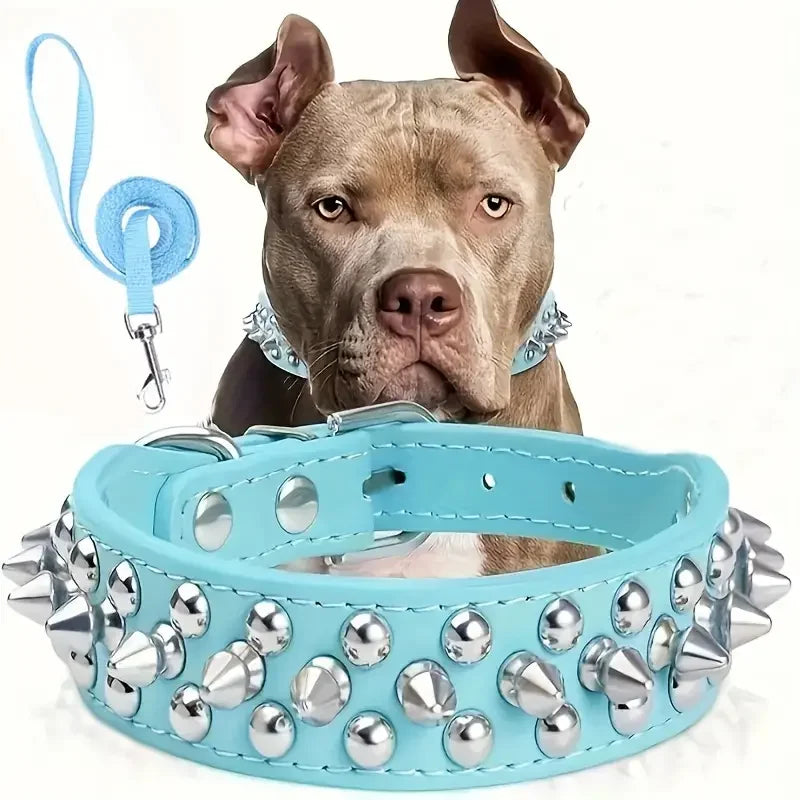 Spiked Leather Dog Collar and Leash Set for Outdoor Use - Smarsty