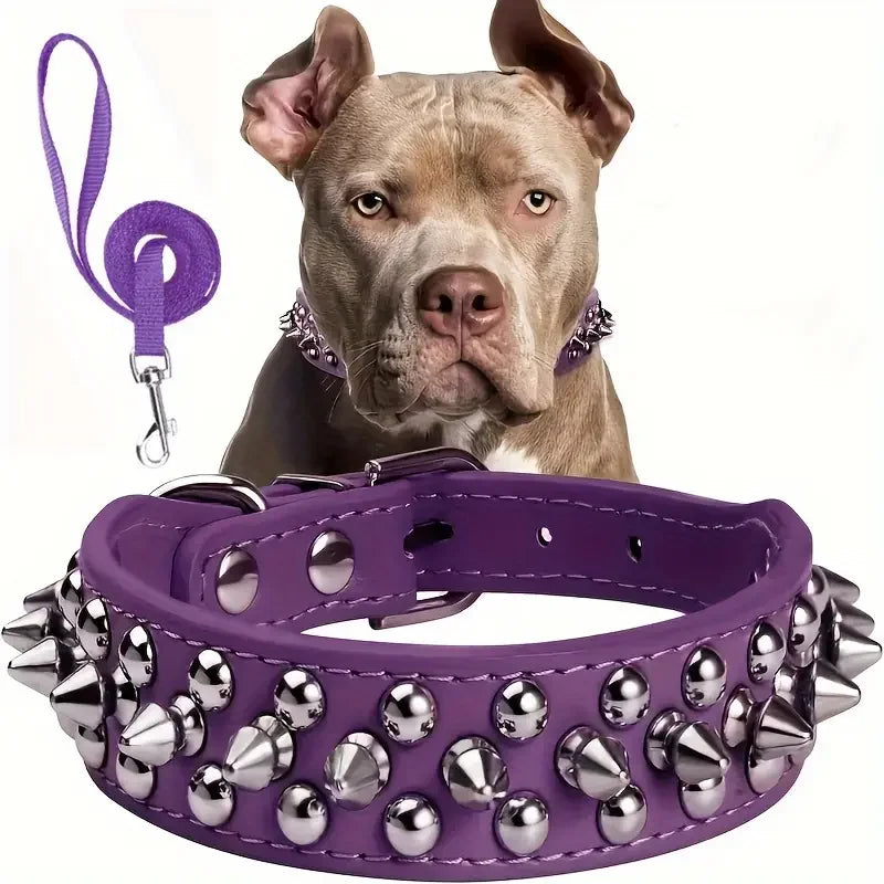 Spiked Leather Dog Collar and Leash Set for Outdoor Use - Smarsty