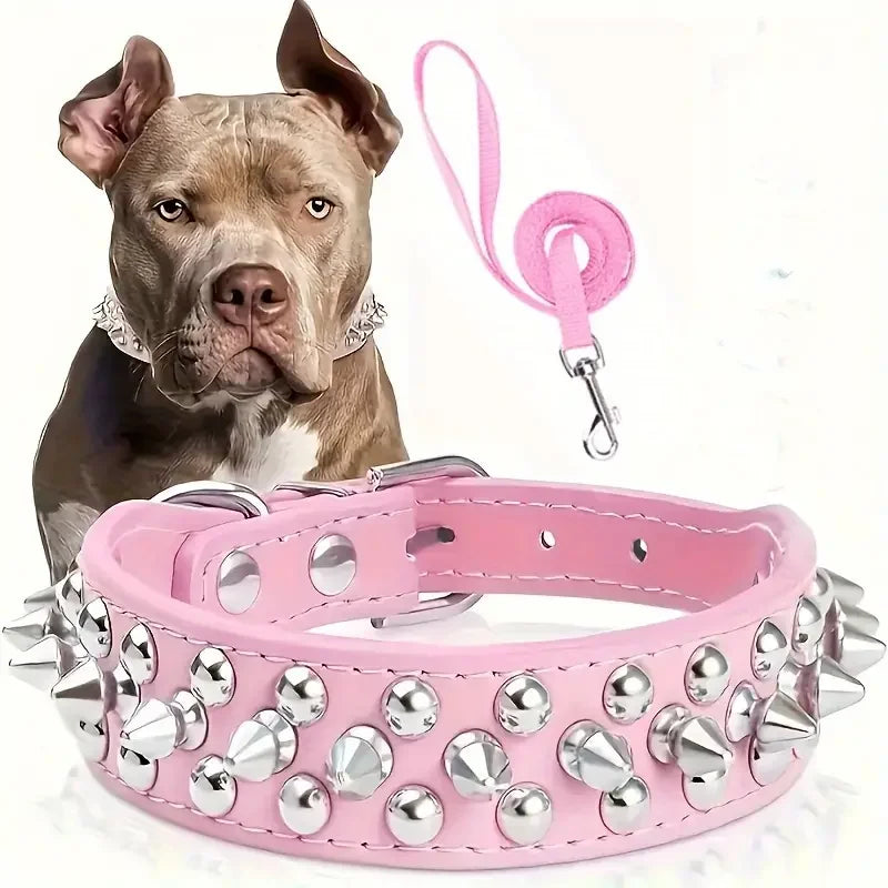 Spiked Leather Dog Collar and Leash Set for Outdoor Use - Smarsty