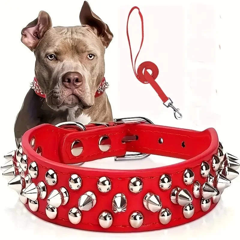 Spiked Leather Dog Collar and Leash Set for Outdoor Use - Smarsty
