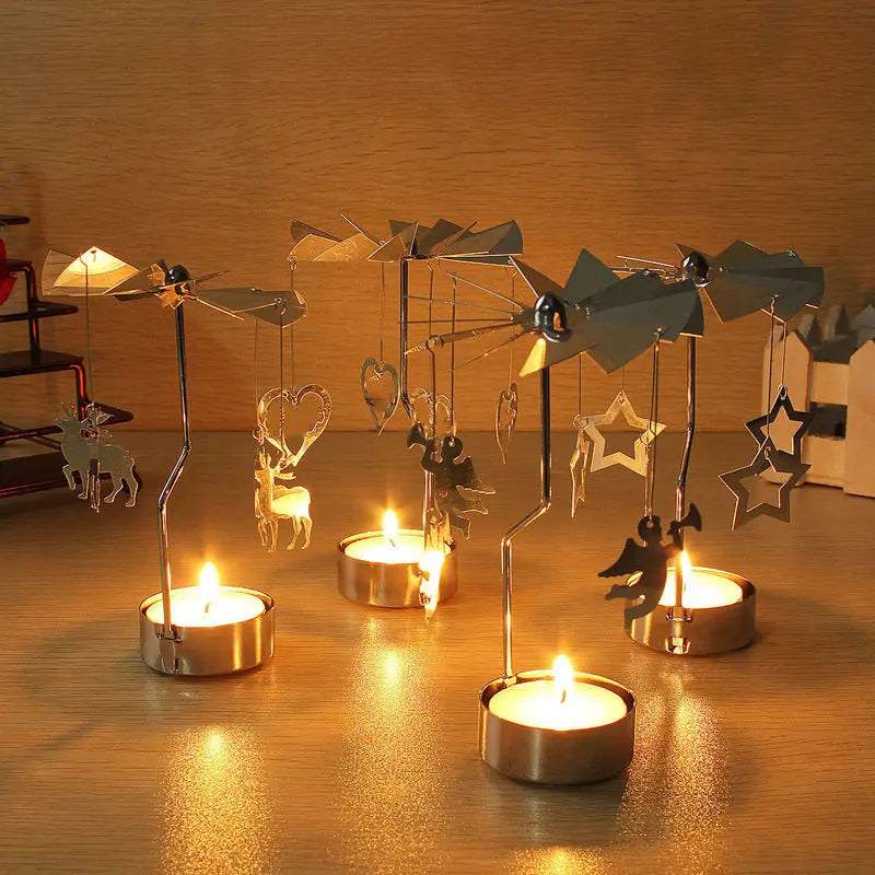 Silver Rotating Carousel Tea Light Candle Holder Decor - Smarsty