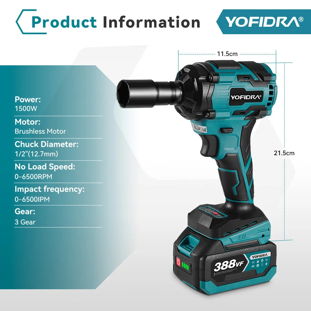 YOFIDRA 1/2 Inch Brushless Electric Impact Wrench Cordless Efficiency - Smarsty