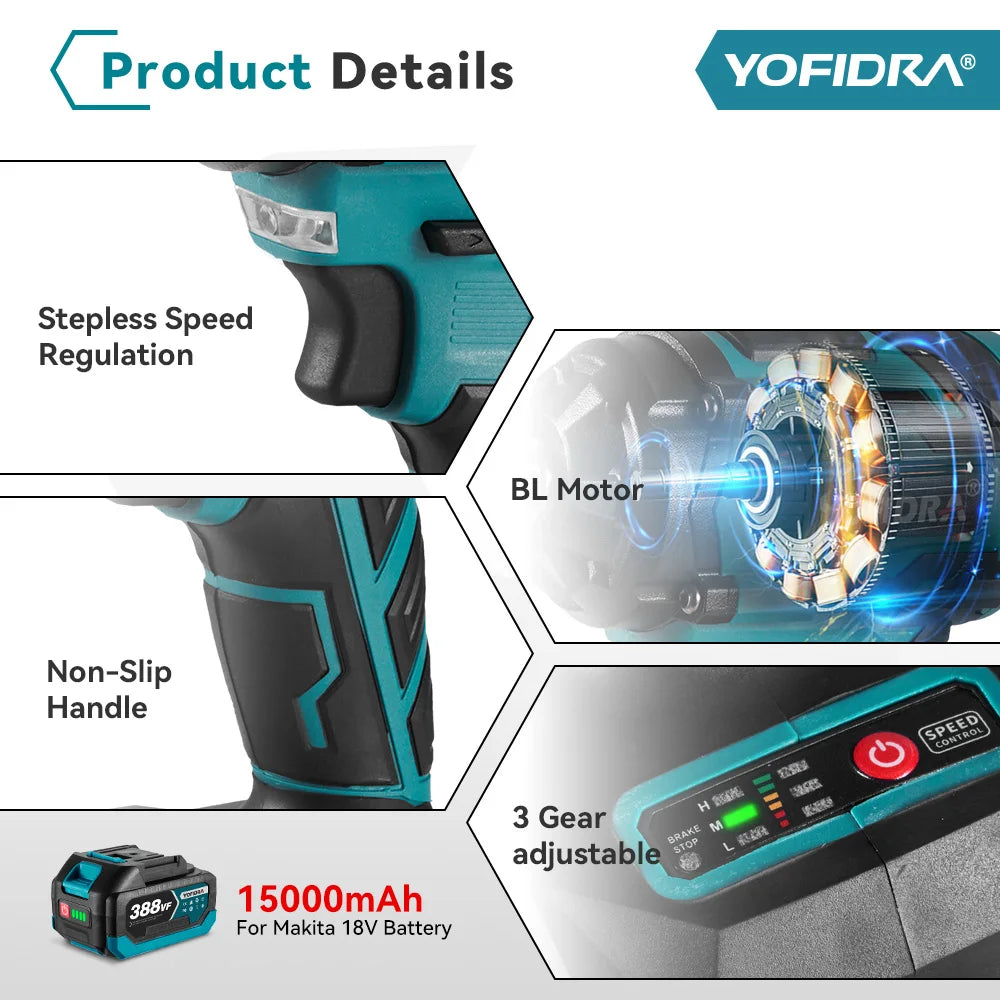 YOFIDRA 1/2 Inch Brushless Electric Impact Wrench Cordless Efficiency - Smarsty