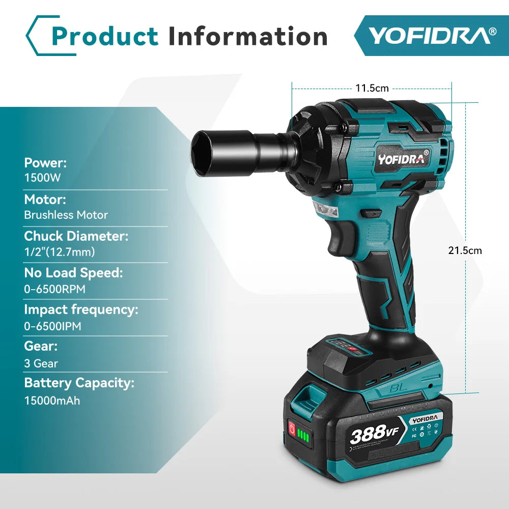 YOFIDRA 1/2 Inch Brushless Electric Impact Wrench Cordless Efficiency - Smarsty