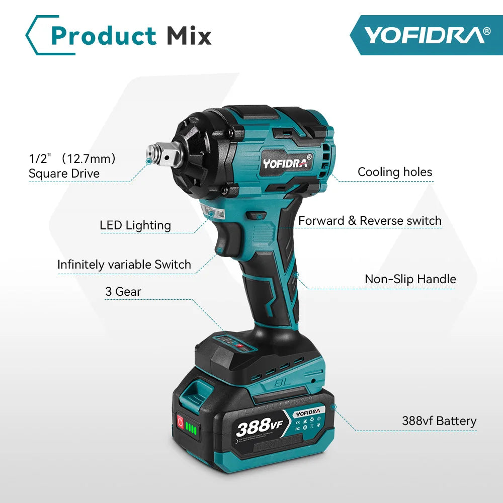 YOFIDRA 1/2 Inch Brushless Electric Impact Wrench Cordless Efficiency - Smarsty