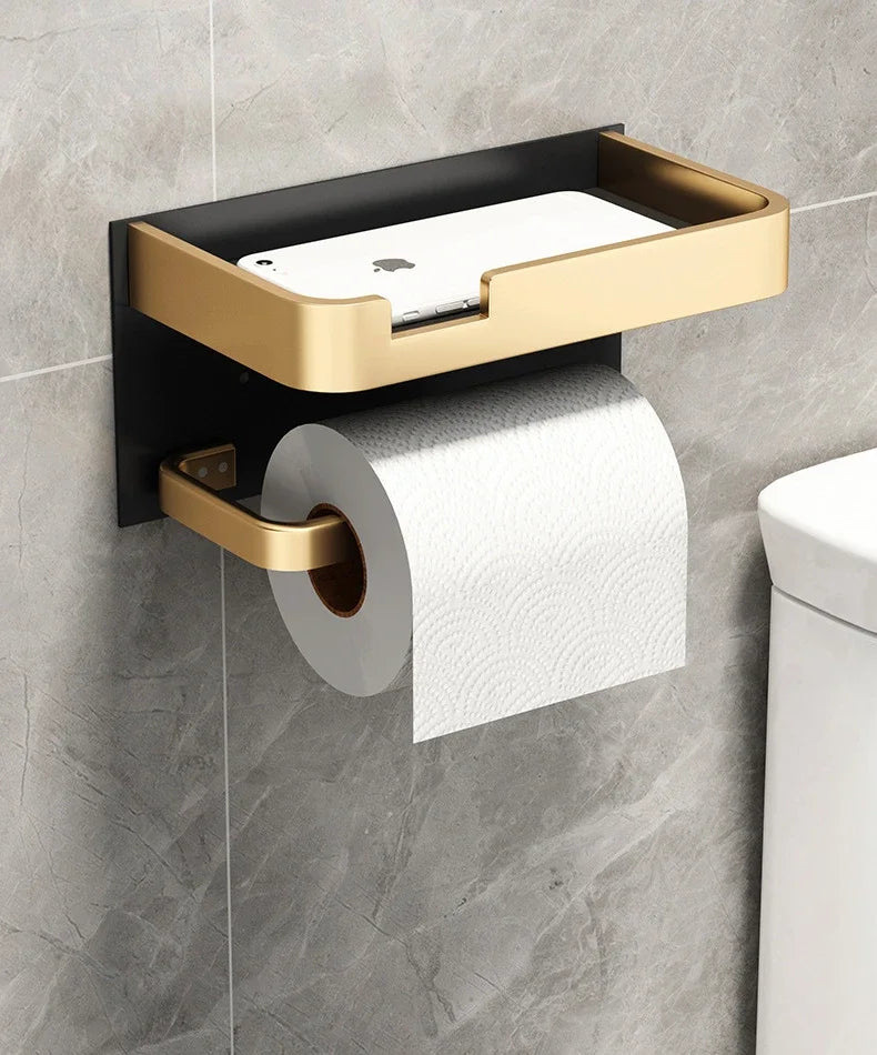 Black Gold Wall Mount Toilet Paper Holder with Shelf - Smarsty