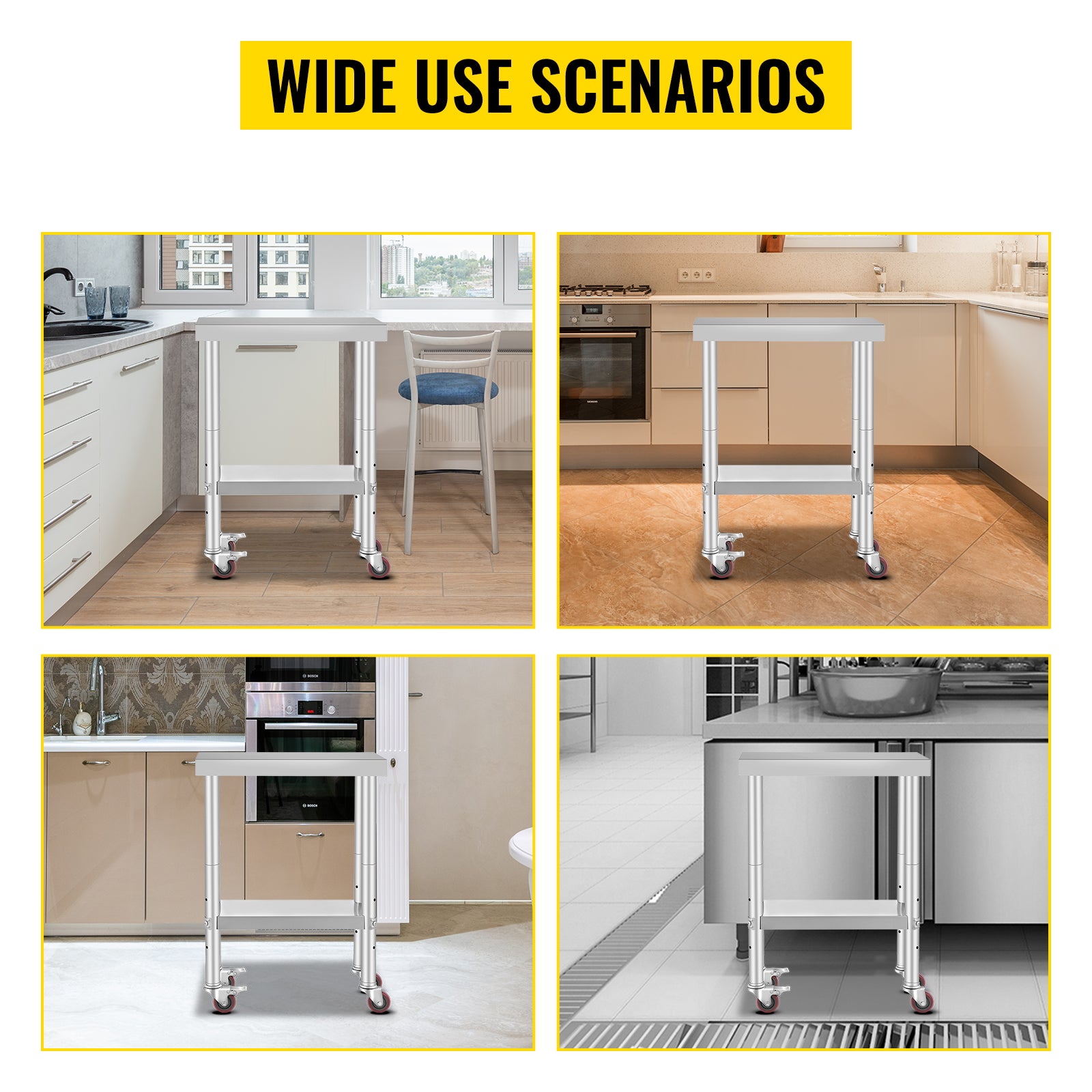 SucceBuy Stainless Steel Kitchen Worktable shelves Commercial Work Bench Table with Caster Wheels for Home Restaurant Storage