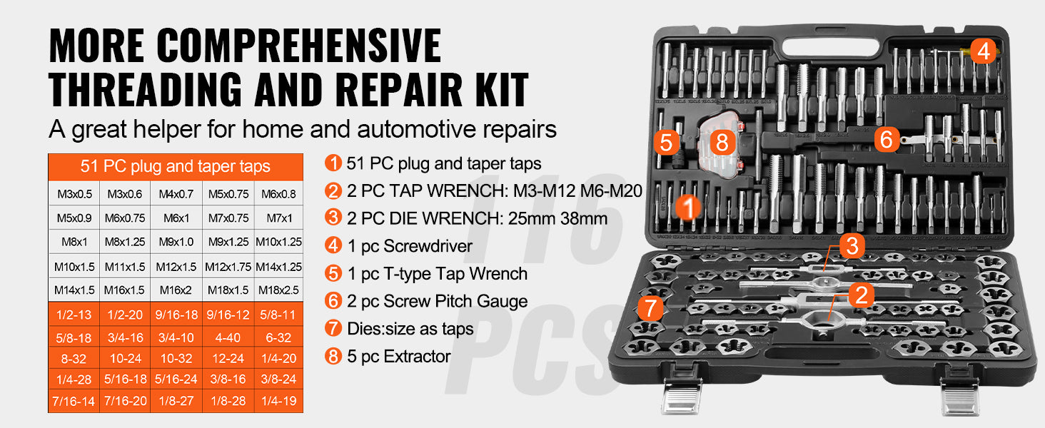 SucceBuy Tap and Die Set 40PCs 60PCs 80PCs 110/116PCs Metric SAE Standard Bearing Steel Taps and Dies Essential Threading Tool