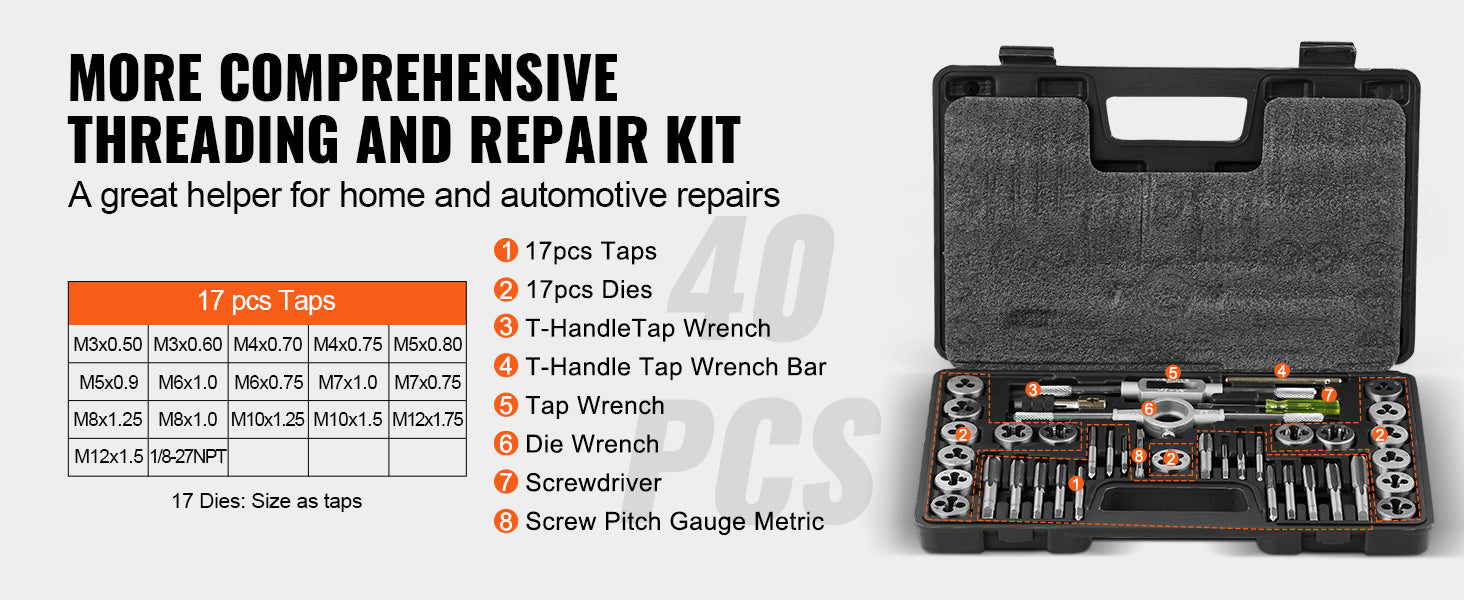 SucceBuy Tap and Die Set 40PCs 60PCs 80PCs 110/116PCs Metric SAE Standard Bearing Steel Taps and Dies Essential Threading Tool