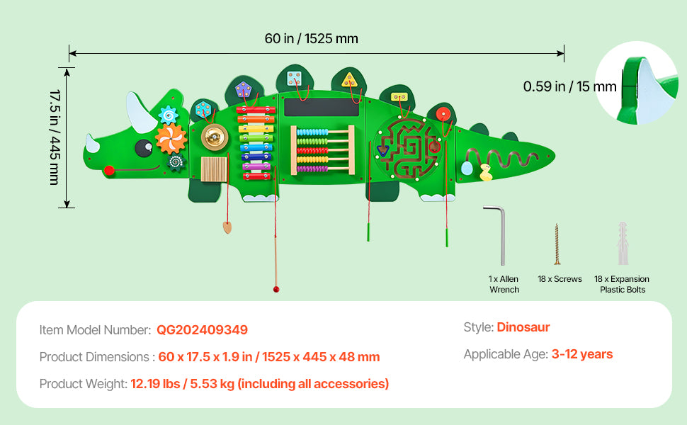 SucceBuy Dinosaur Kids Busy Wall Board 11 Activity Panels Montessori Sensory Learning Toys for 3-12 Toddler Playroom Toy Gift
