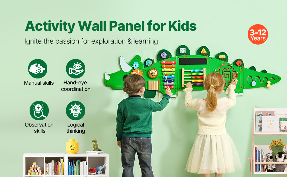 SucceBuy Dinosaur Kids Busy Wall Board 11 Activity Panels Montessori Sensory Learning Toys for 3-12 Toddler Playroom Toy Gift