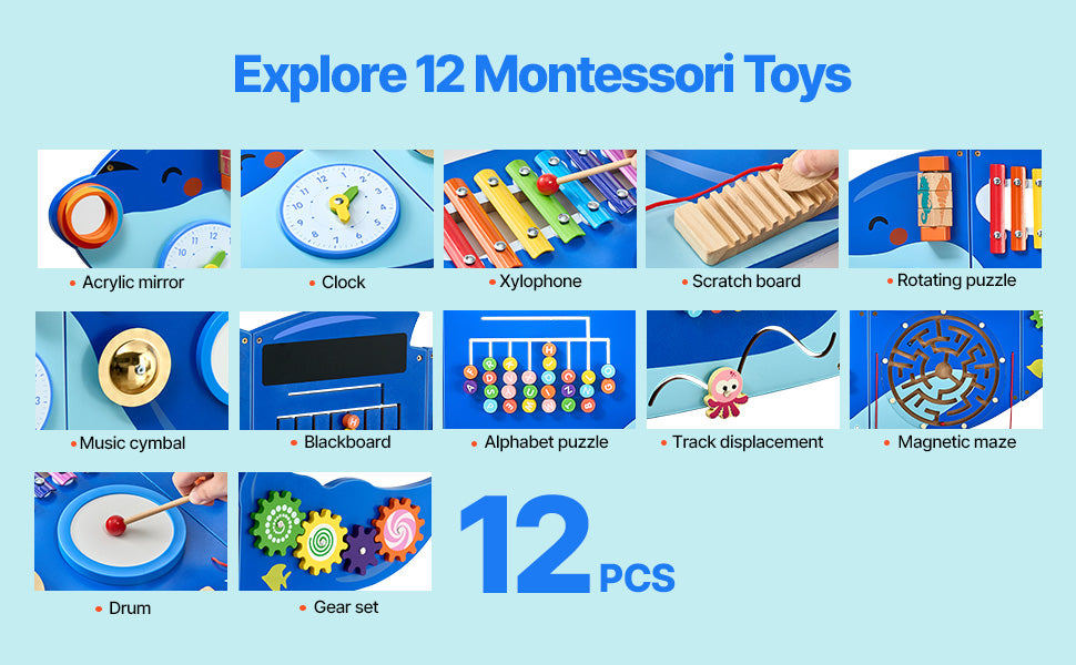 SucceBuy Orca Kids Wall Busy Board 12 Activities Hanging Panels Montessori Sensory Learning Toys for Toddler 3-12 Play Toys