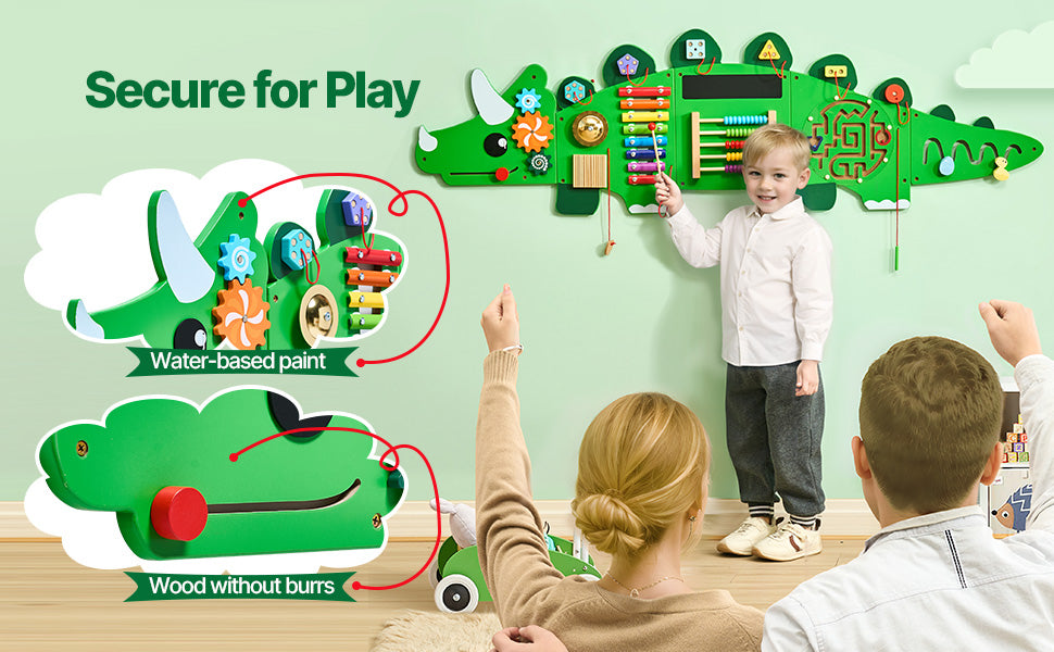 SucceBuy Dinosaur Kids Busy Wall Board 11 Activity Panels Montessori Sensory Learning Toys for 3-12 Toddler Playroom Toy Gift