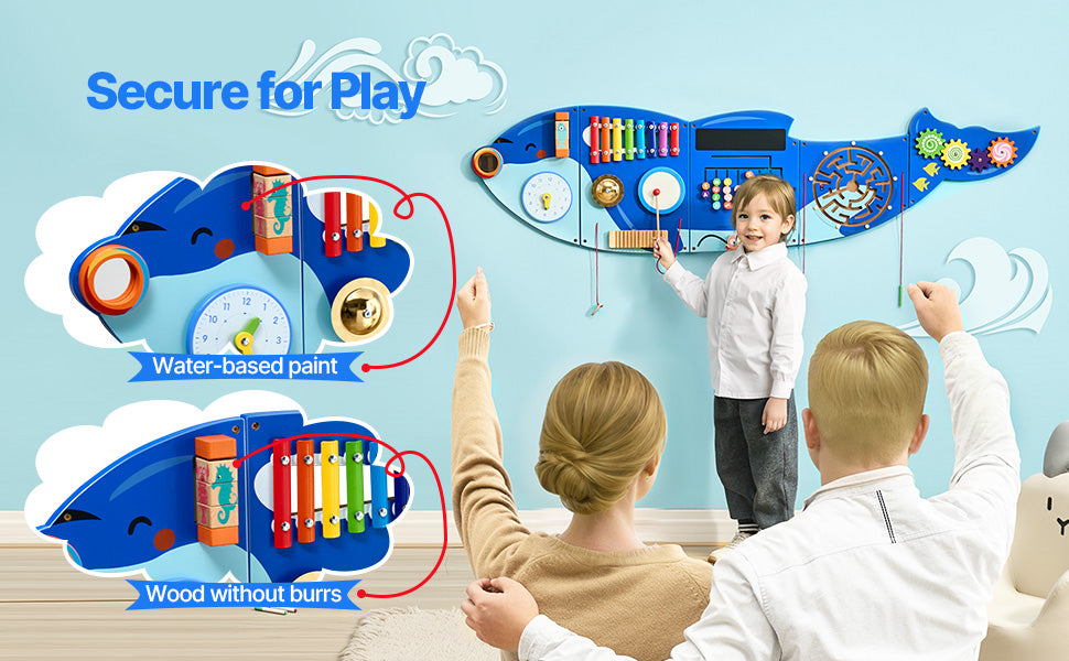 SucceBuy Orca Kids Wall Busy Board 12 Activities Hanging Panels Montessori Sensory Learning Toys for Toddler 3-12 Play Toys
