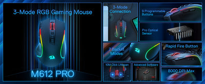 Redragon M612 PRO BT & 2.4RGB Gaming Mouse, 8000 DPI Wired/Wireless Optical Gamer Mice 11 Programmable Buttons & 6 Backlit Modes - Smarsty