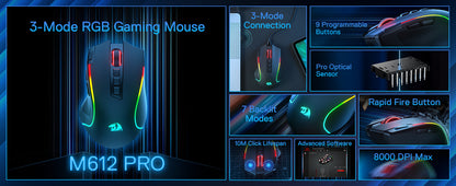 Redragon M612 PRO BT & 2.4RGB Gaming Mouse, 8000 DPI Wired/Wireless Optical Gamer Mice 11 Programmable Buttons & 6 Backlit Modes