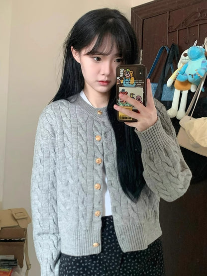 2024 Vintage Long Sleeve Cardigan Women Sweater O-neck Elegant Knitted Top Fashion Autumn Grey Knitwear - Smarsty