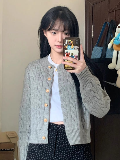 2024 Vintage Long Sleeve Cardigan Women Sweater O-neck Elegant Knitted Top Fashion Autumn Grey Knitwear - Smarsty