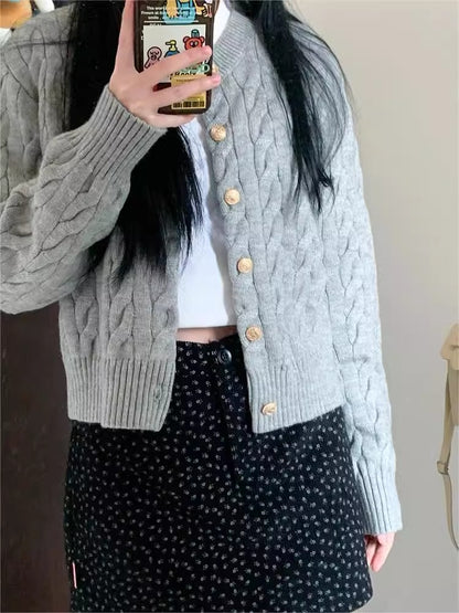 2024 Vintage Long Sleeve Cardigan Women Sweater O-neck Elegant Knitted Top Fashion Autumn Grey Knitwear - Smarsty