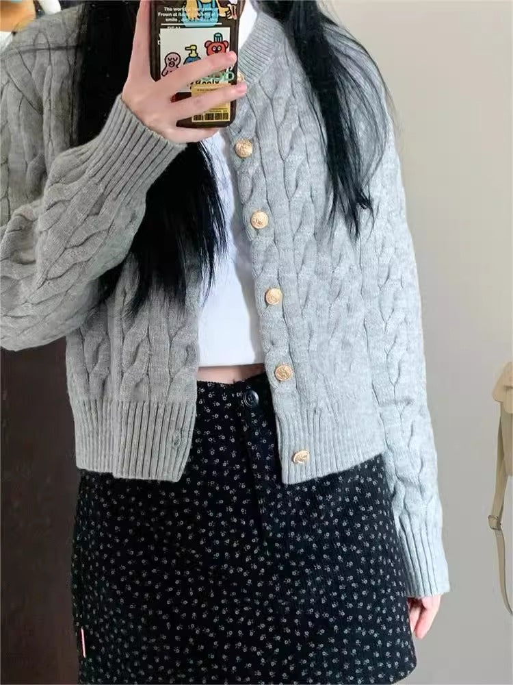 2024 Vintage Long Sleeve Cardigan Women Sweater O-neck Elegant Knitted Top Fashion Autumn Grey Knitwear - Smarsty