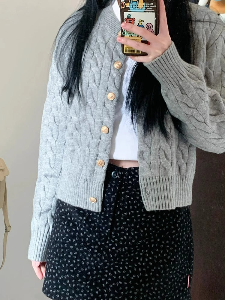 2024 Vintage Long Sleeve Cardigan Women Sweater O-neck Elegant Knitted Top Fashion Autumn Grey Knitwear - Smarsty