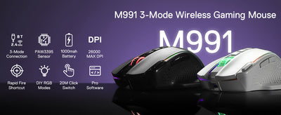 Redragon M991 Wireless Gaming Mouse 26000 DPI 3-Mode Gamer 9 Macro Buttons RGB Backlight Mice, Black - Smarsty